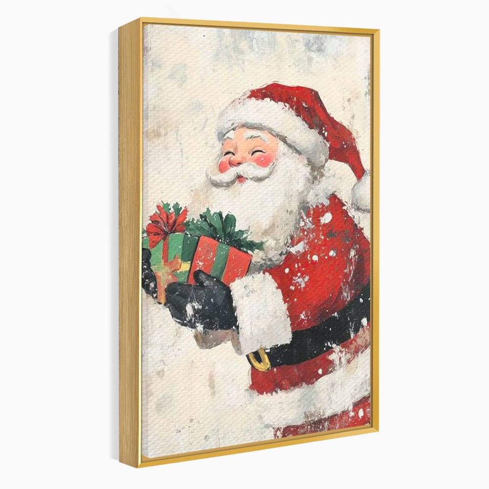 Tablou canvas cu ilustratie vintage cu mos craciun, in rama de aluminiu auriu